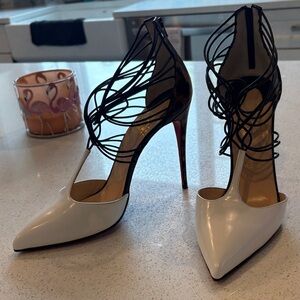 Christian Louboutin White and Black Lace-Up Pointed Stiletto Heels